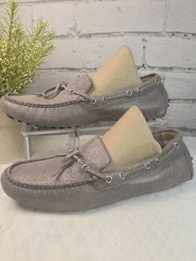 COLE HAAN METALLIC PEWTER/GRAY LEATHER DRIVING MOCASSINS TIE BOW FLAT WOMES 7B